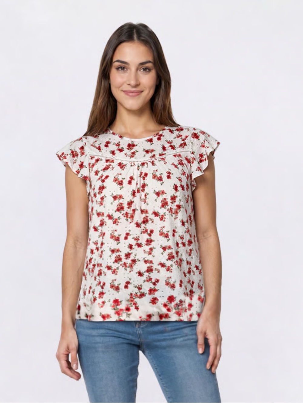 NWT Floral Ruffle Sleeve Women's Top - White with Red Floral